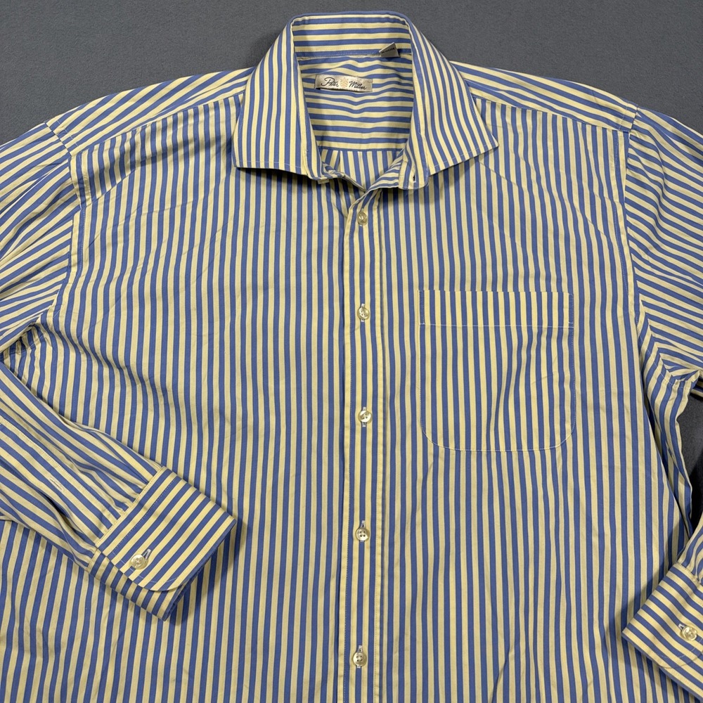 Peter Millar MENS LARGE Crown YELLOW BLUE STRIPE Button Down Long Sleeve Shirt